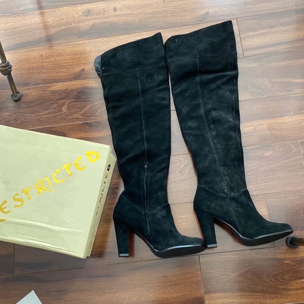 Restricted Over the Knee Black Suede Boots. 4”Heel Never Been Worn. 8.5